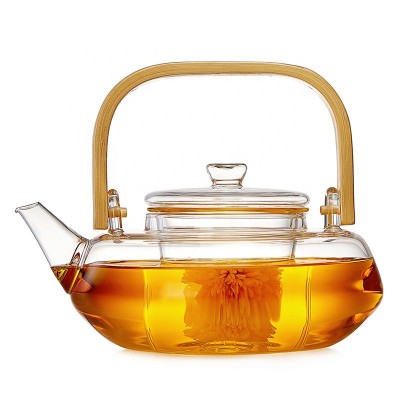 2020 New design high borosilicate glass tea pot with bamboo handle restaurant tea pots