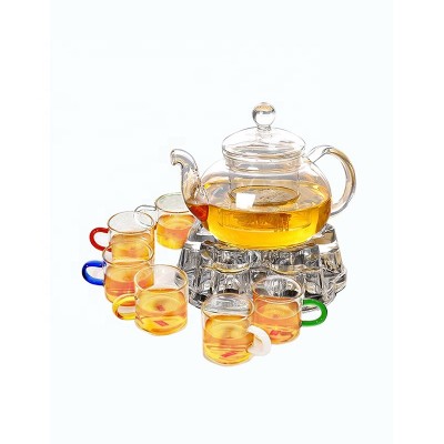 Amazon hot selling  pyrex glass teapot set with infuse and glass warmer 6 pieces cups