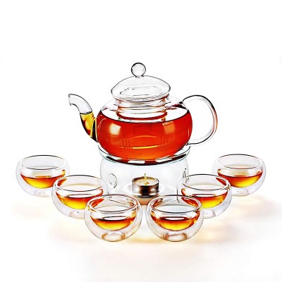 Chinese factory wholesale high borosilicate glass teapot heat resistant glass teapot set 6 cups and 1 glass warmer