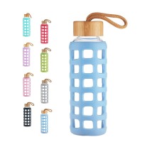 BPA Free Glass Water Bottle with Anti-Slip Silicone Sleeve with Bamboo Lid