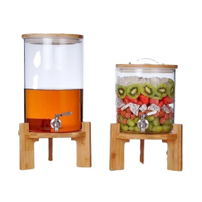 Glass Drink Dispenser on Wooden Stand with Airtight Bamboo Lid and Stainless Steel Spigot BPA-Free Borosilicate Glass Jar