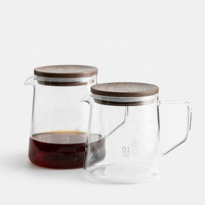 Simple style high borosilicate heat resistant glass coffee share pot with walnut lid