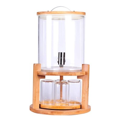 Pyrex Glass Drink Dispenser on Wooden Stand with Airtight Bamboo Lid and Stainless Steel Spigot 5000mL