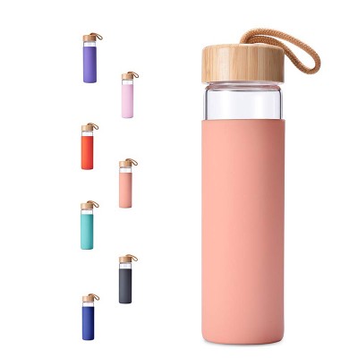 BPA Free Bamboo Lid Protective Silicone Reusable Glass Water Bottle with Silicone Sleeve