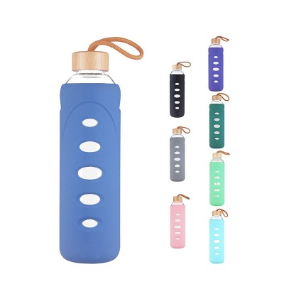 Sport Borosilicate Glass Water Bottle with Protective Silicone Sleeve and Unique Bamboo Lid