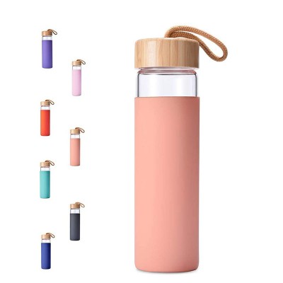 20 Oz Pyrex Glass Water Bottle with Bamboo Lid and Silicone Sleeve BPA Free